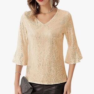 GRACE KARIN Sequin Top‎ Women V-Neck 3/4 Bell Sleeve Cut-Out Shiny Sparkly L NWT